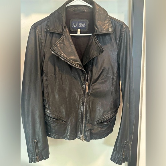 Armani Jeans Black Leather Motorcycle Jacket, Women's Size 6 - Picture 1 of 16